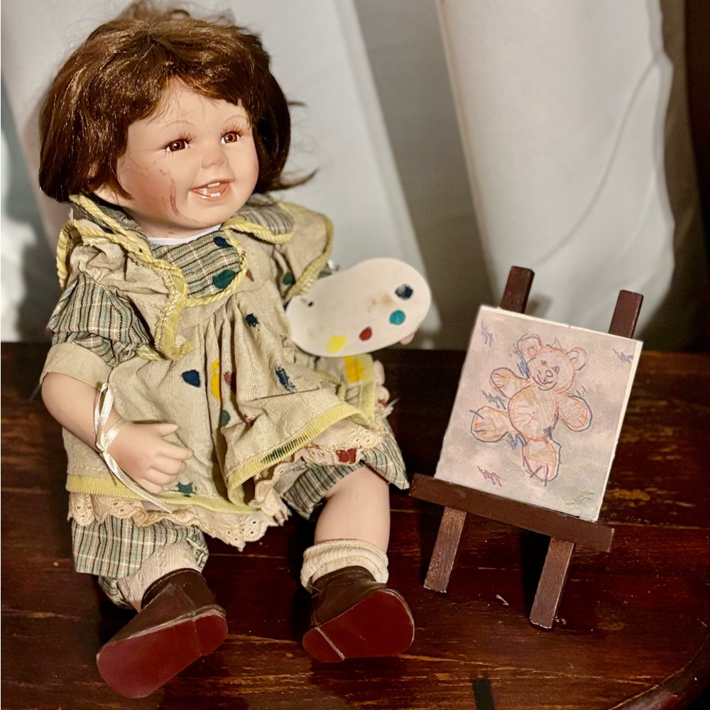 Vintage Painter Artist Doll. Porcelain easel  13"